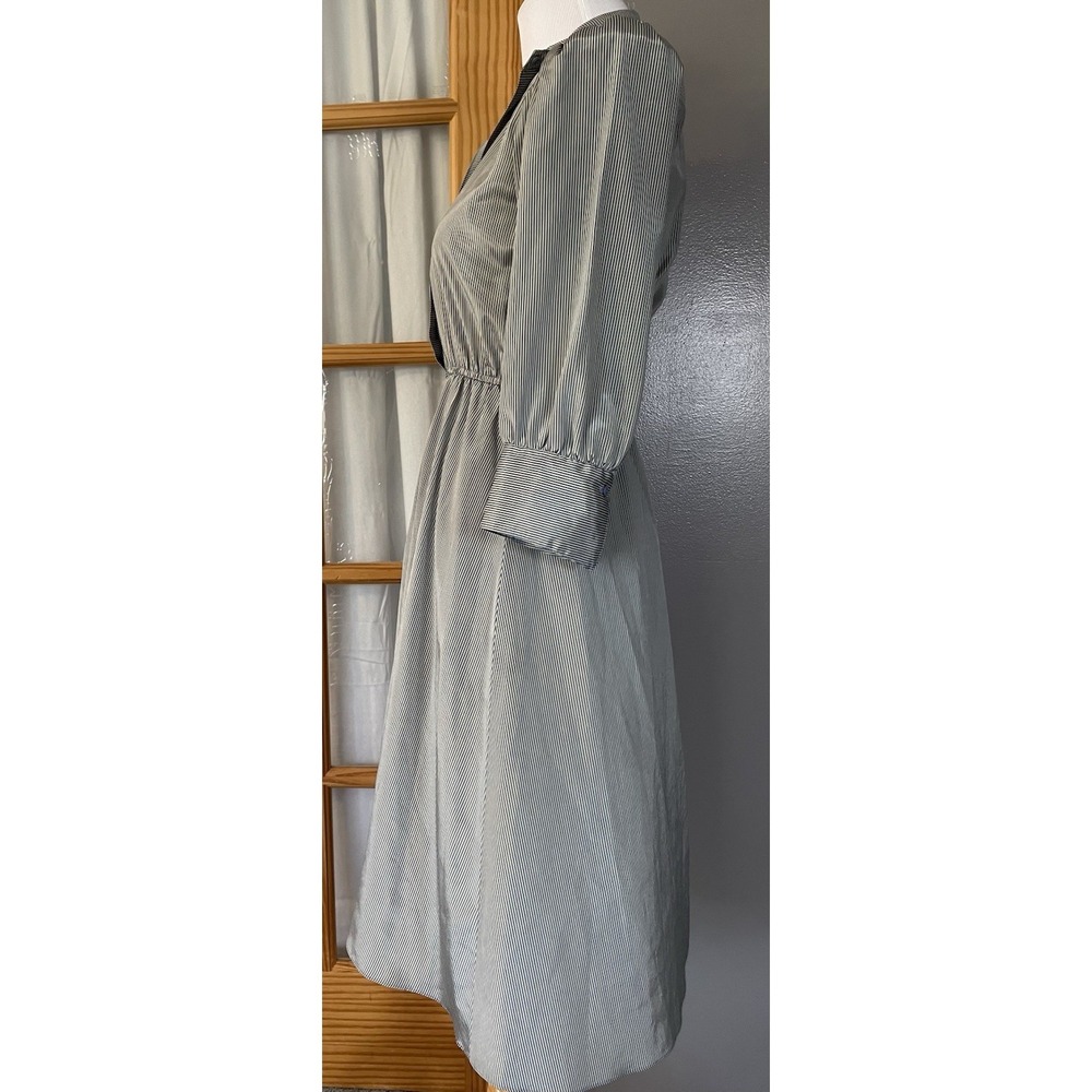 80s Susan Howard Striped Midi Dress S-M Taupe Satin 3/4 Sleeve Classic Career - Picture 4 of 15